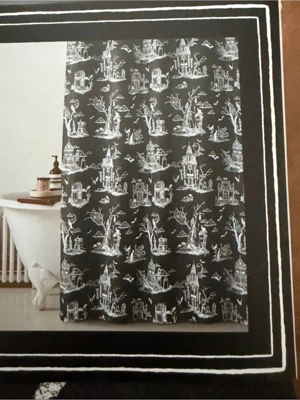 Martha Stewart Black and White Gothic Toile Shower Curtain Halloween NEW